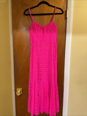 Betsey Johnson Hot Pink Lace Maxi Dress with Spaghetti Straps